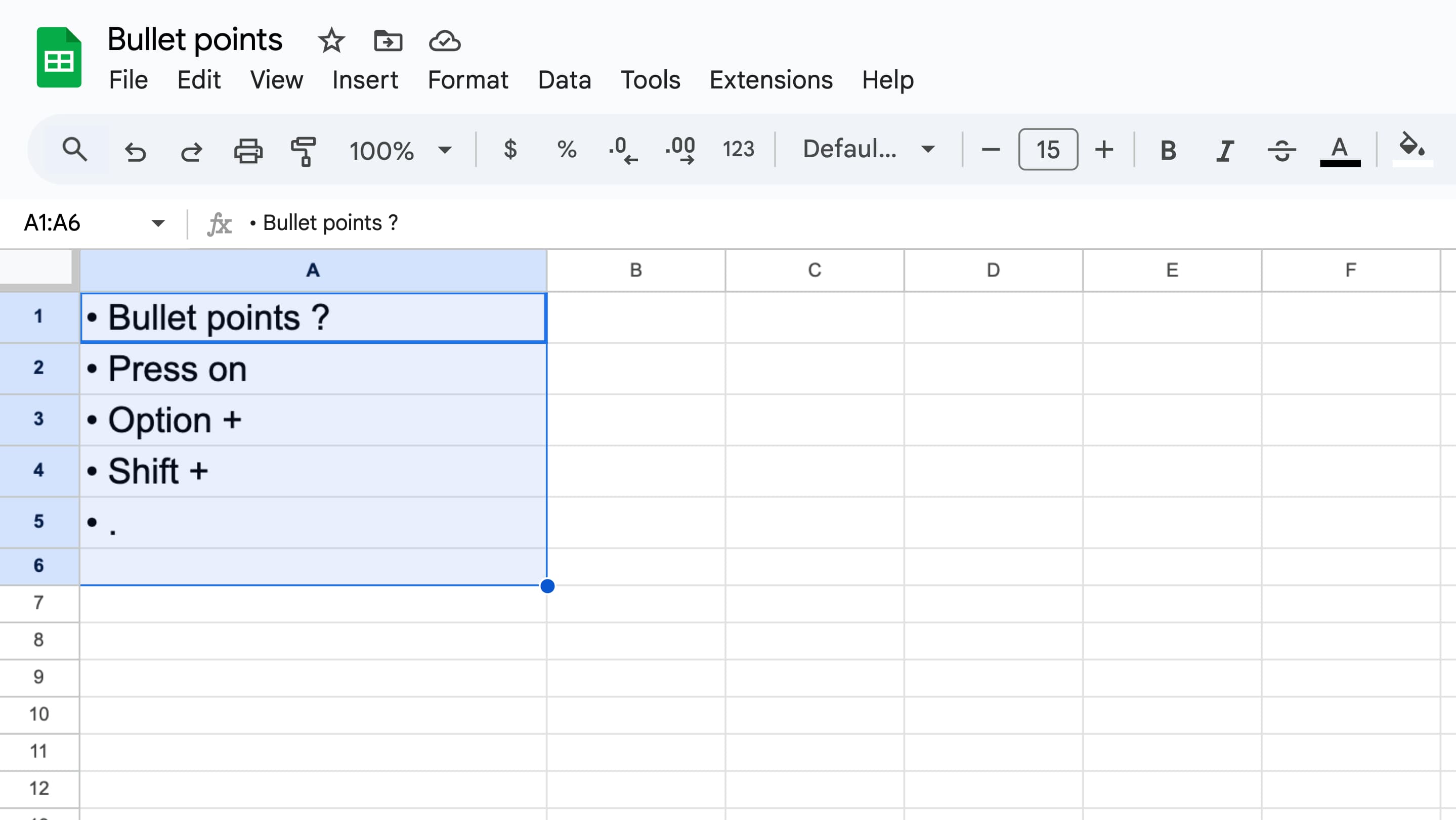 bullet points in Google Sheets