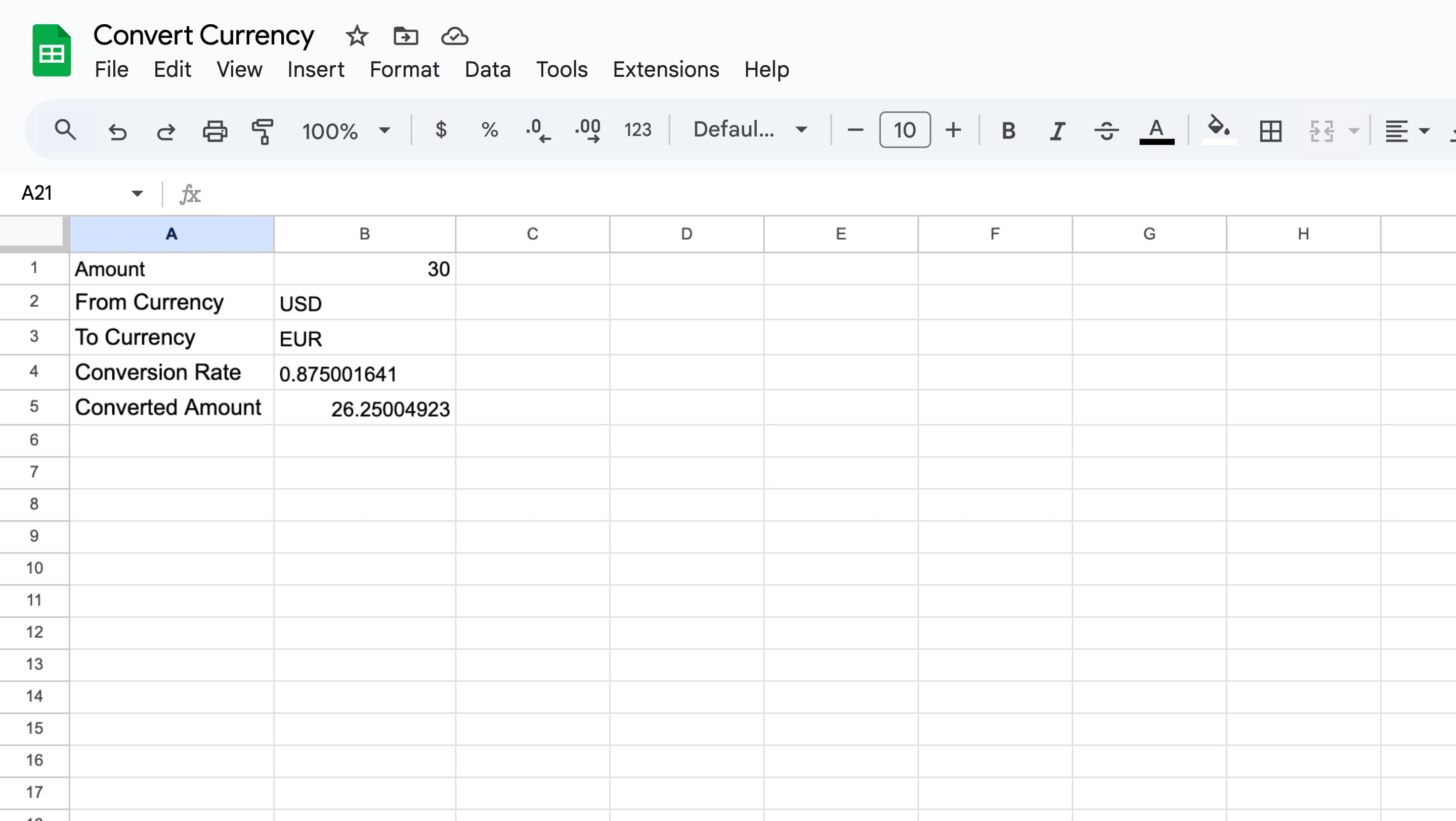 google sheets currency conversion Formula