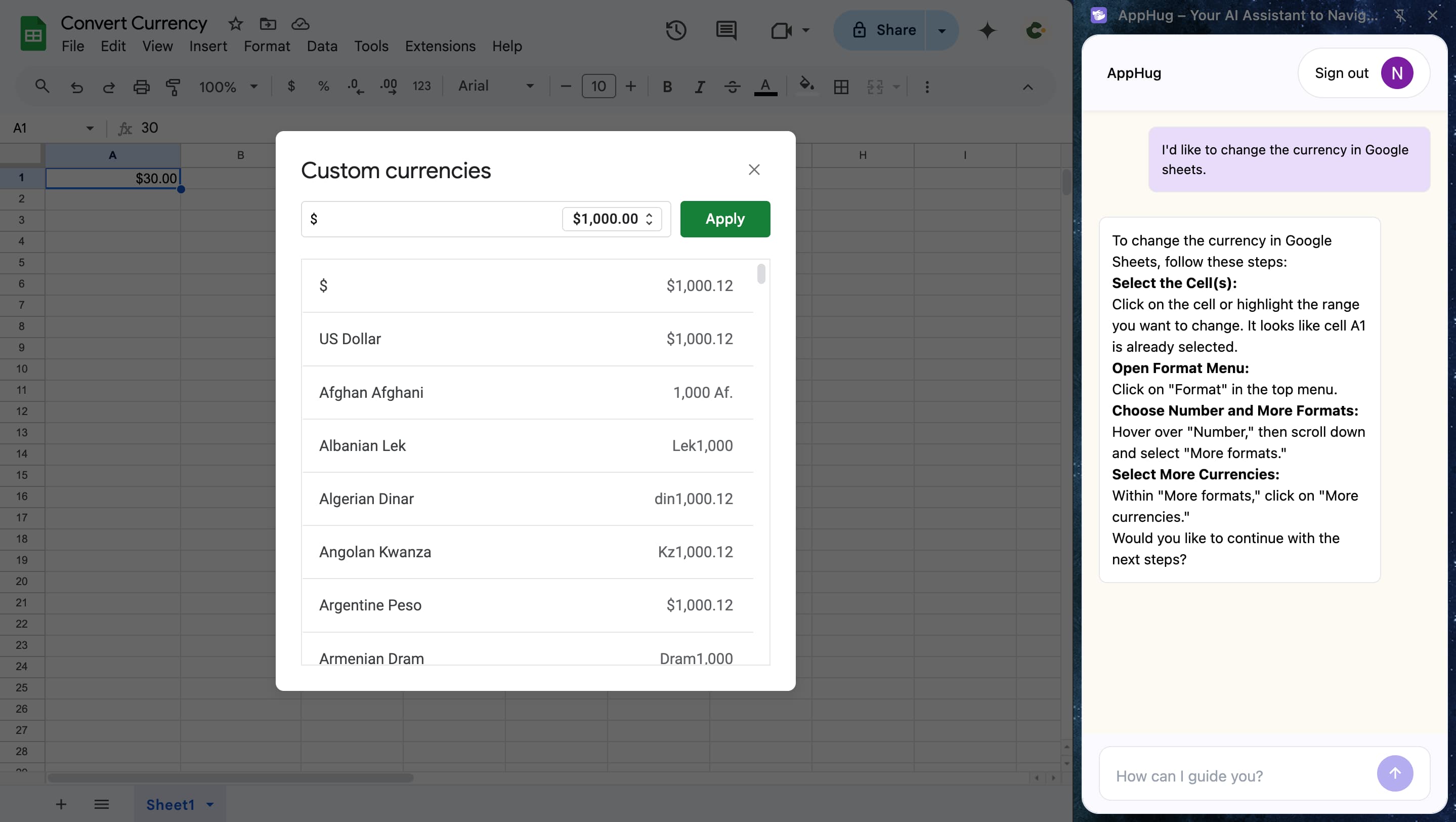 how to change currency in google sheets